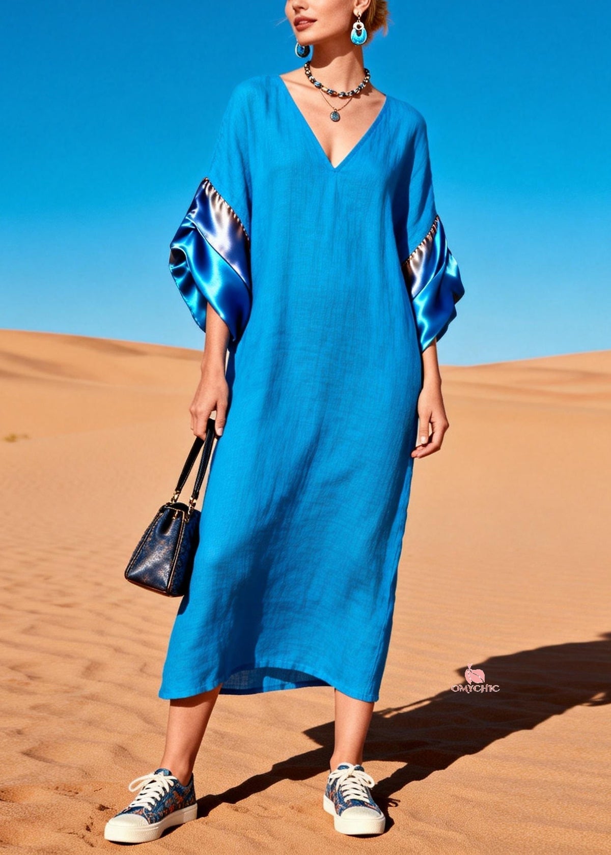 V-Neck Wide Elbow Sleeve Satin Panel Oversized Kaftan Maxi Dress