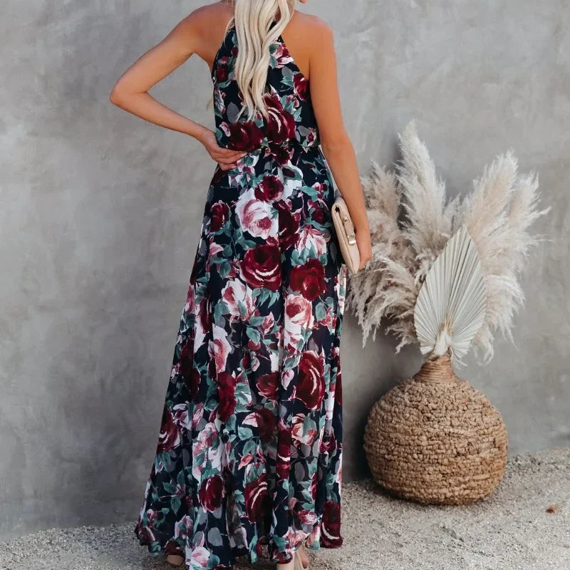 Floral Print Halter Neck High Slit Maxi Dress