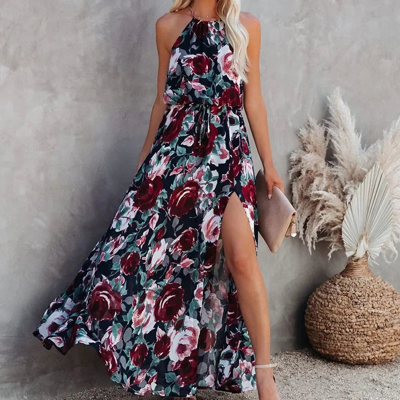 Floral Print Halter Neck High Slit Maxi Dress