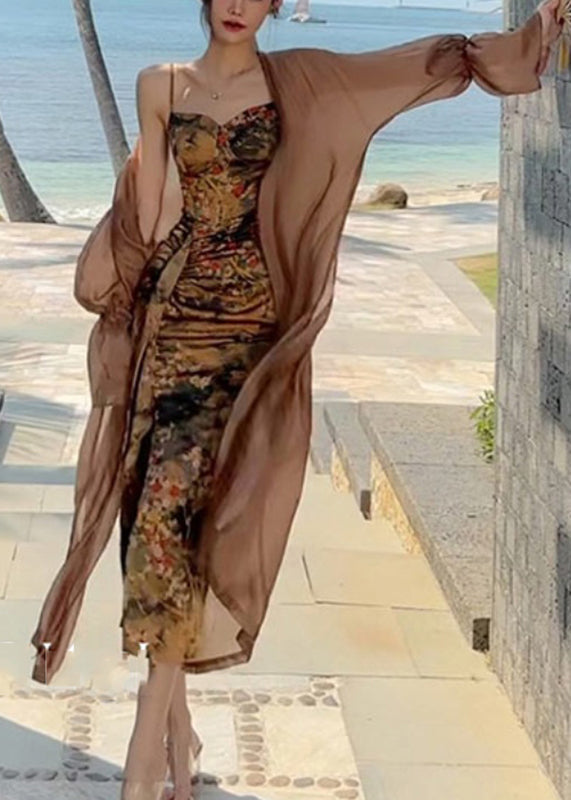 Floral Satin Slip Dress & Sheer Duster Coat Two-Piece Set - View 2