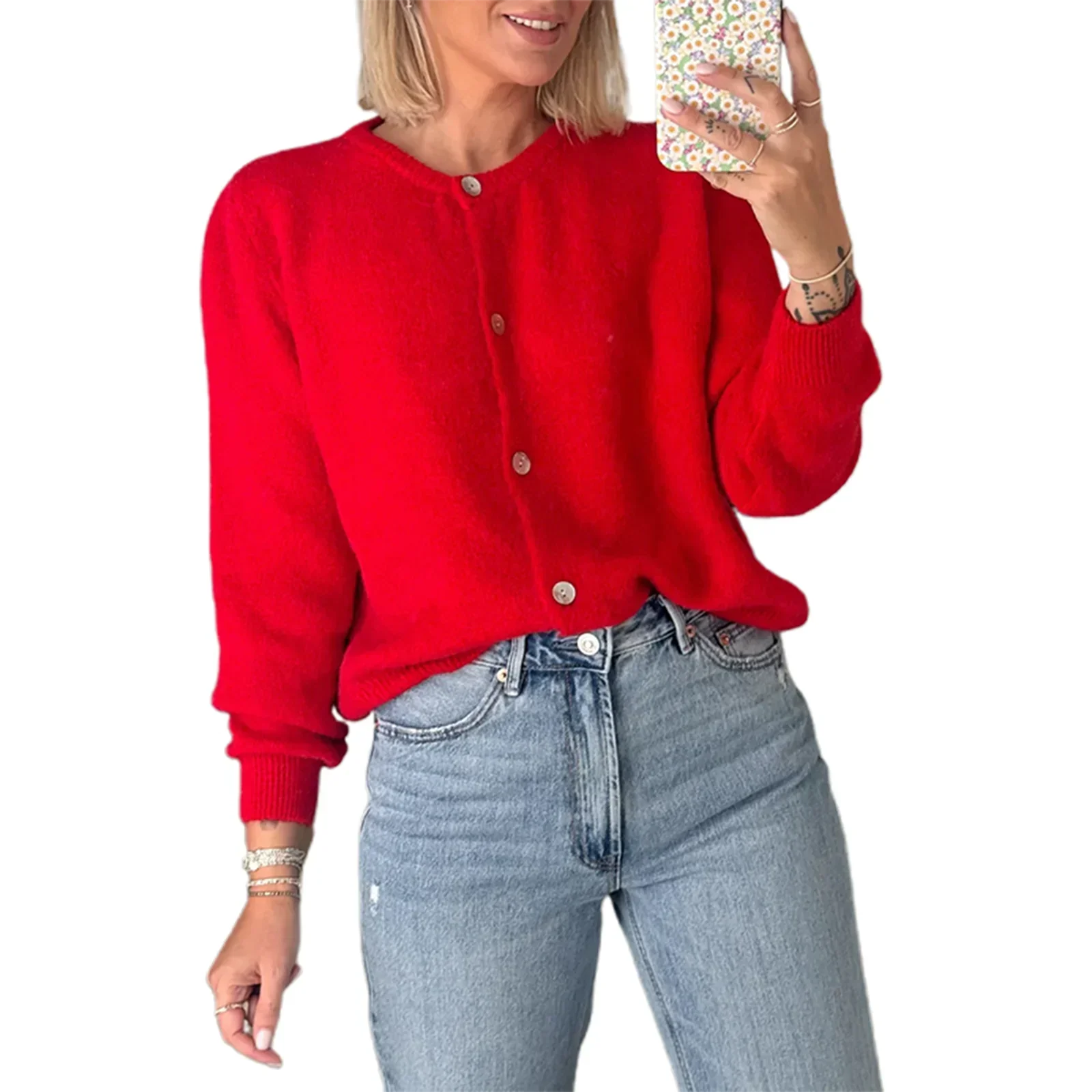 Solid O-neck Cropped Knitted Cardigan