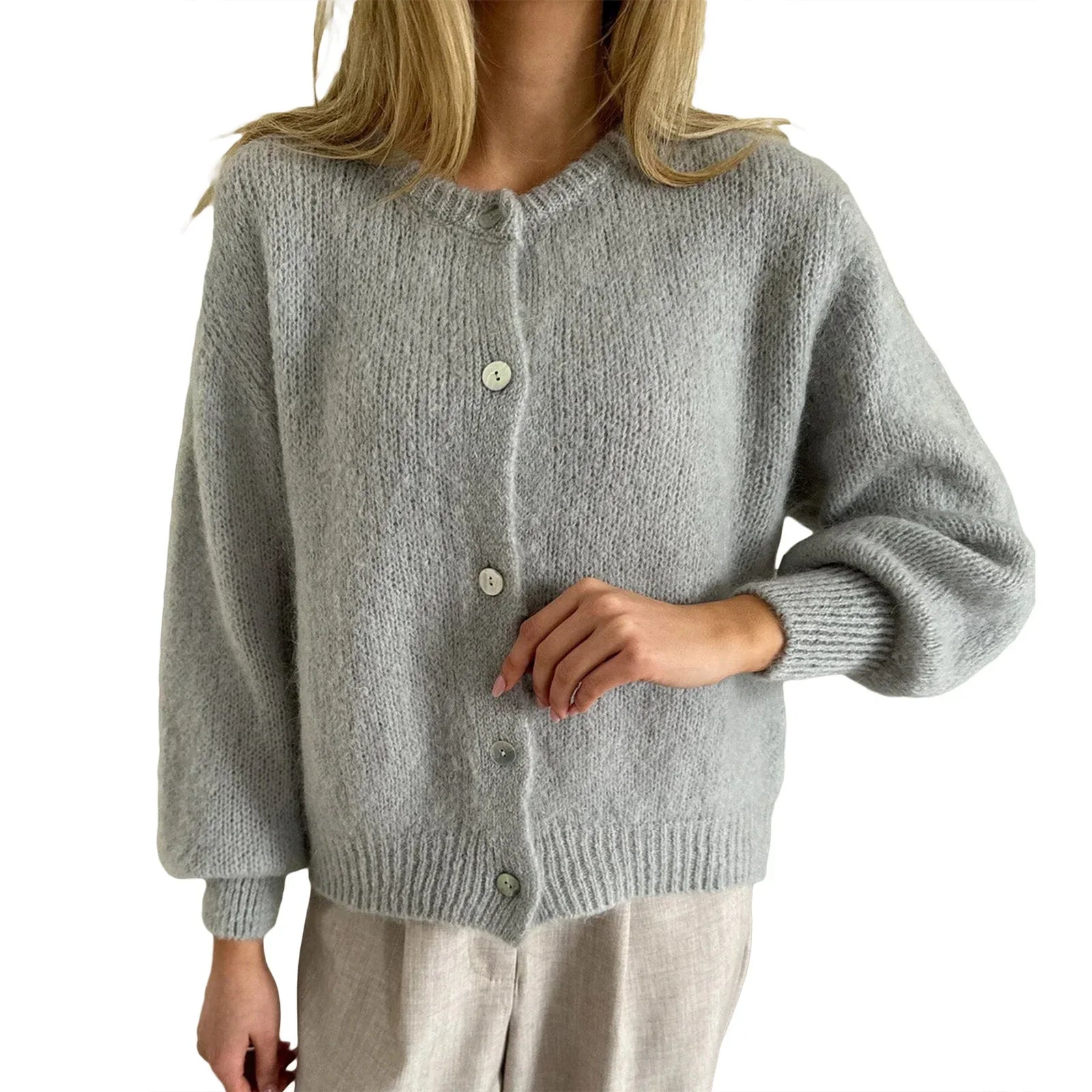 Solid O-neck Cropped Knitted Cardigan