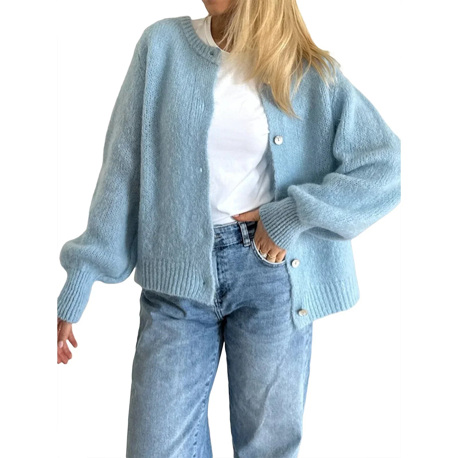 Solid O-neck Cropped Knitted Cardigan