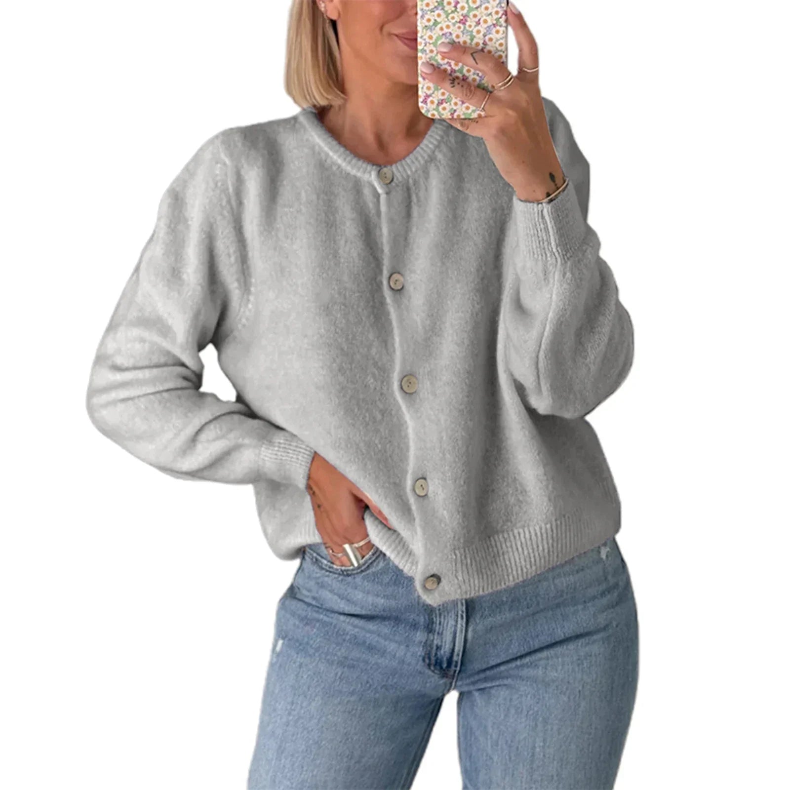 Solid O-neck Cropped Knitted Cardigan