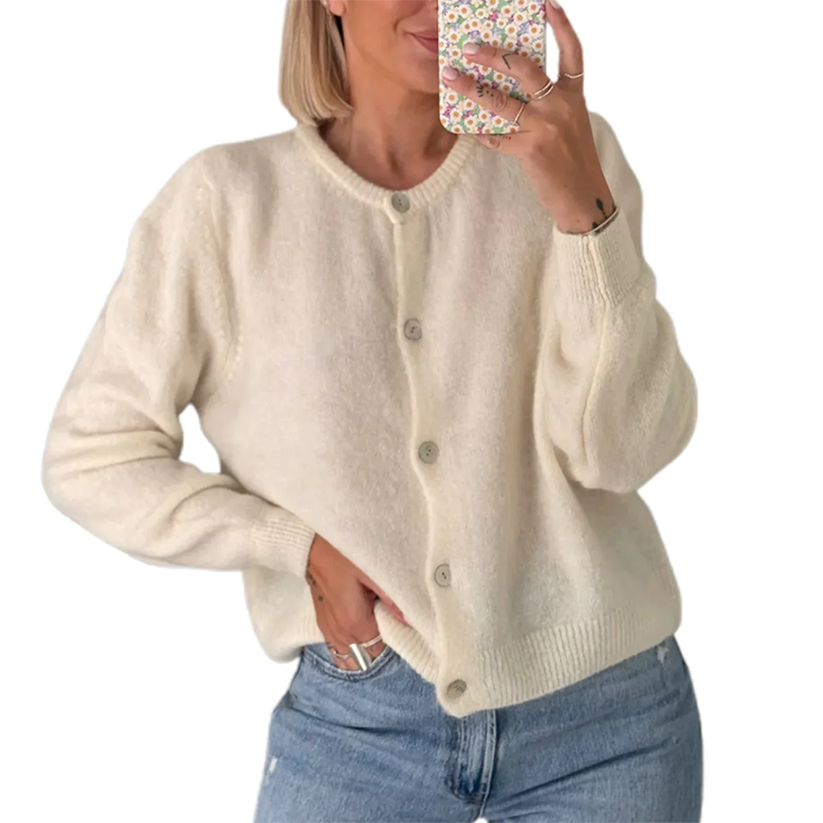 Solid O-neck Cropped Knitted Cardigan