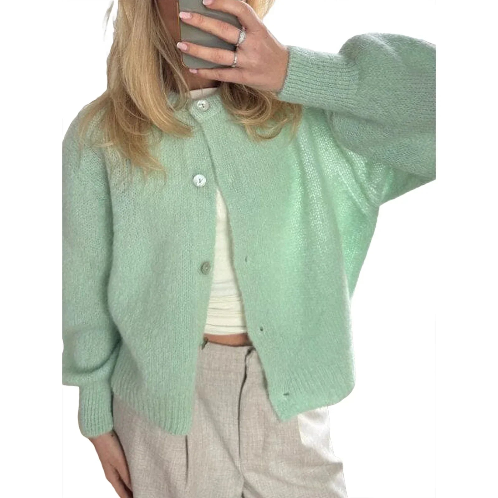 Solid O-neck Cropped Knitted Cardigan