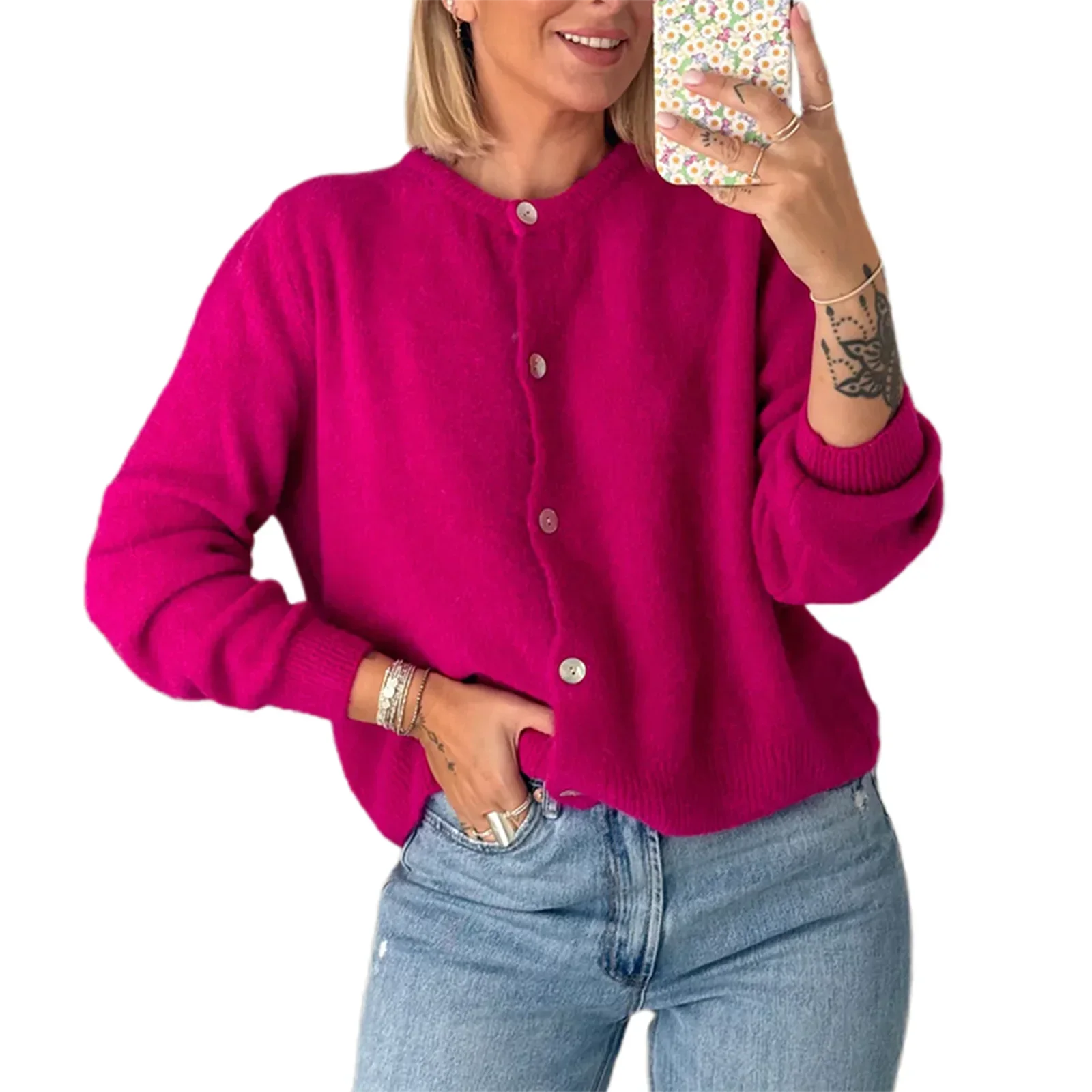 Solid O-neck Cropped Knitted Cardigan