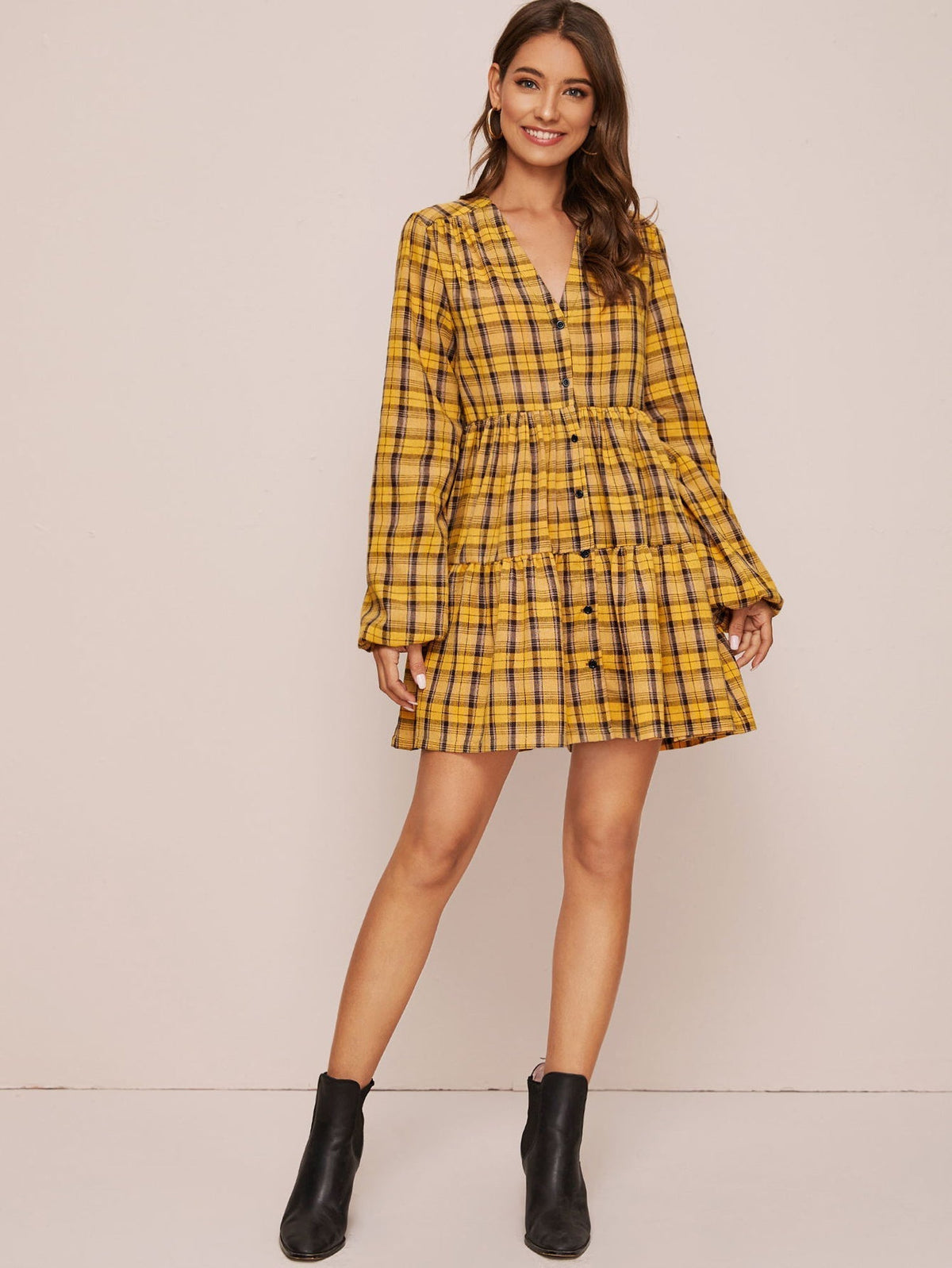 KittenAlarm - Women Casual Bell Sleeve Ruffle Tiered Pleated Loose Mini Swing Shift Dresses(S-XL)