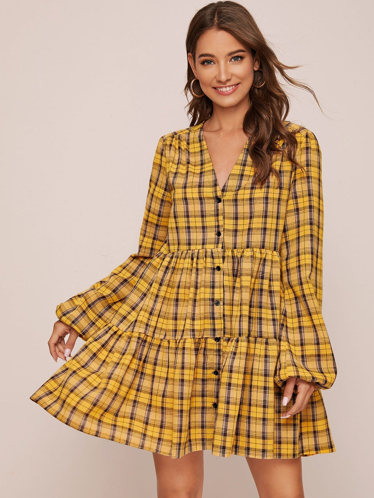 KittenAlarm - Women Casual Bell Sleeve Ruffle Tiered Pleated Loose Mini Swing Shift Dresses(S-XL)