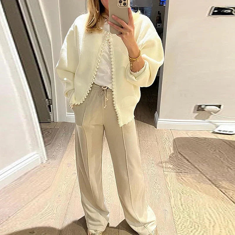 Elegant Pearls Long Sleeve Knit White Cardigan