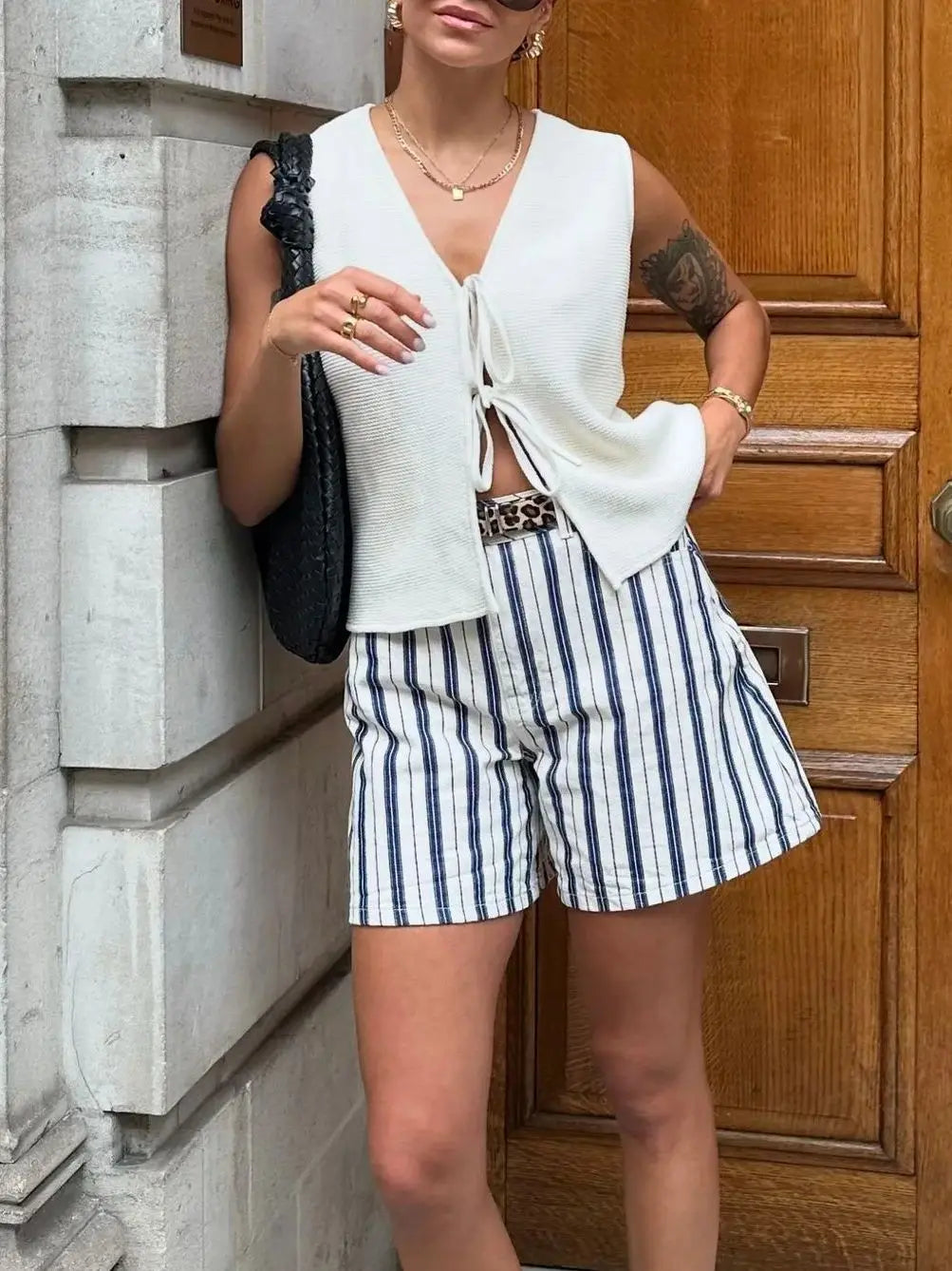 Loose Casual Cozy Comfortable V-Neck White Knitted Lace-up Vest Sweater 3