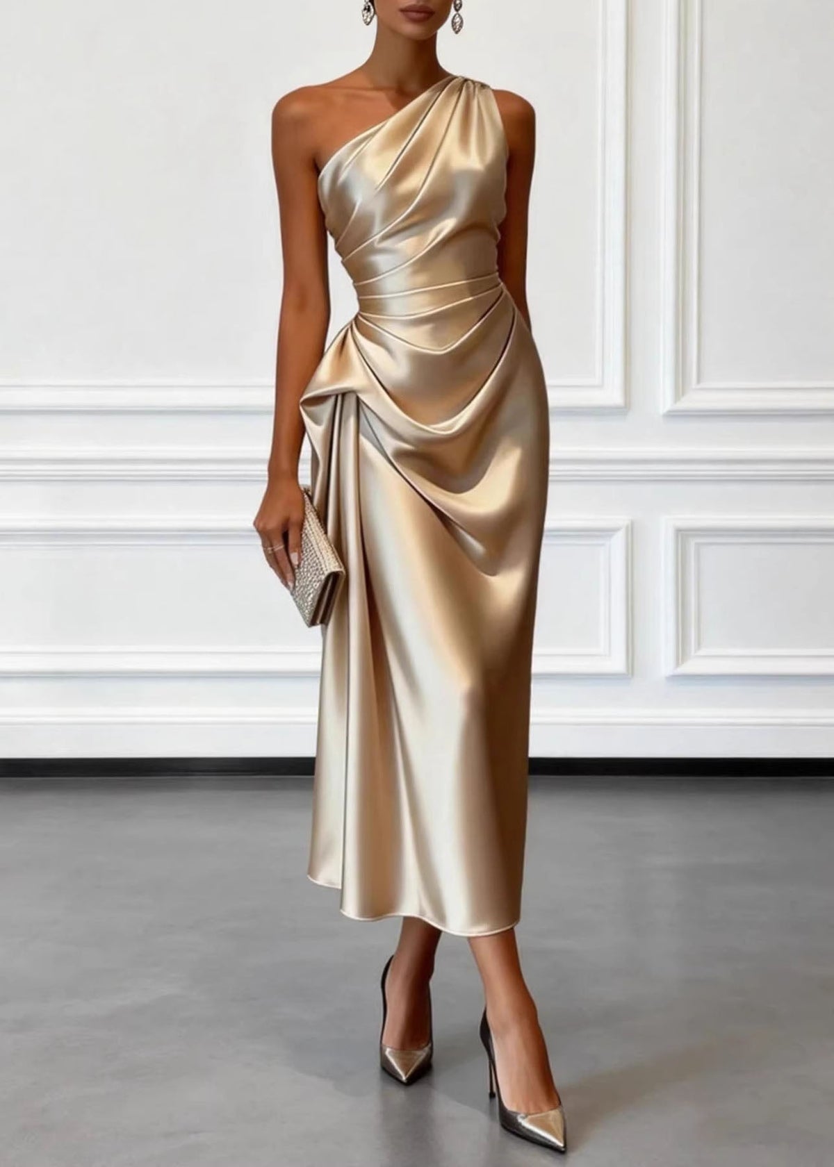 Satin One Shoulder Ruched Drape Sash Column Midi Dress