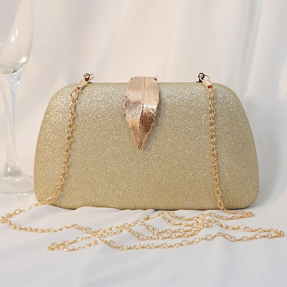 Women Leaf Design Clutch Bag Bling Chain Purse