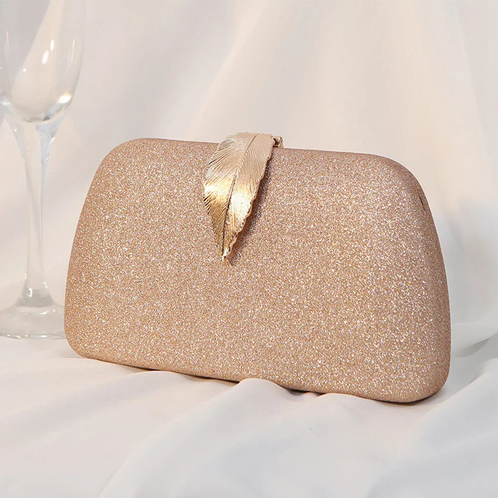 Women Leaf Design Clutch Bag Bling Chain Purse