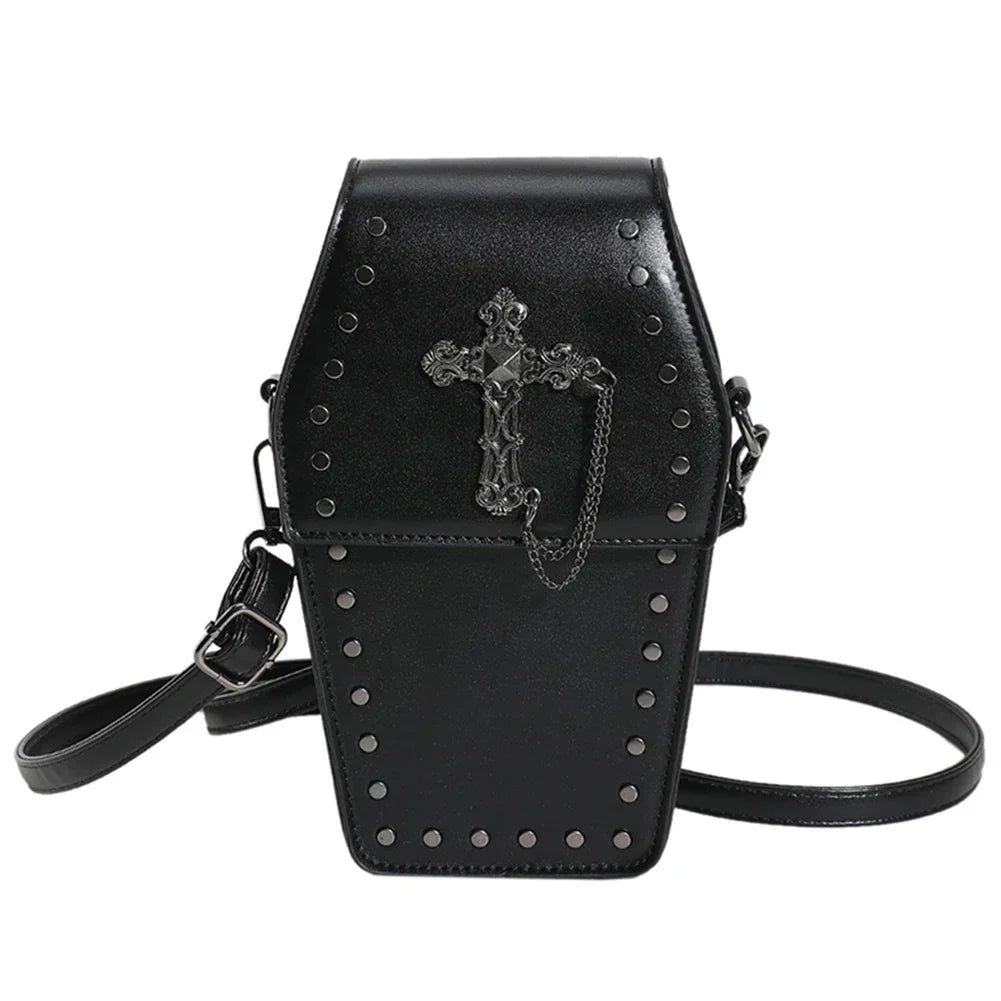 Women Gothic Coffin Zipper Strap Adjustable Pu Leather Halloween Bag Black
