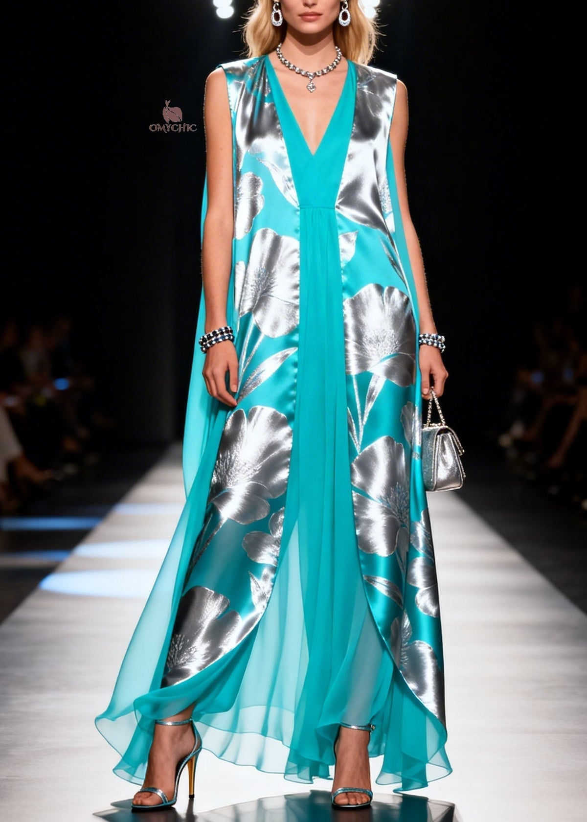 Floral Print Sleeveless Deep V-Neck Split Front Sheer Cape Maxi Gown