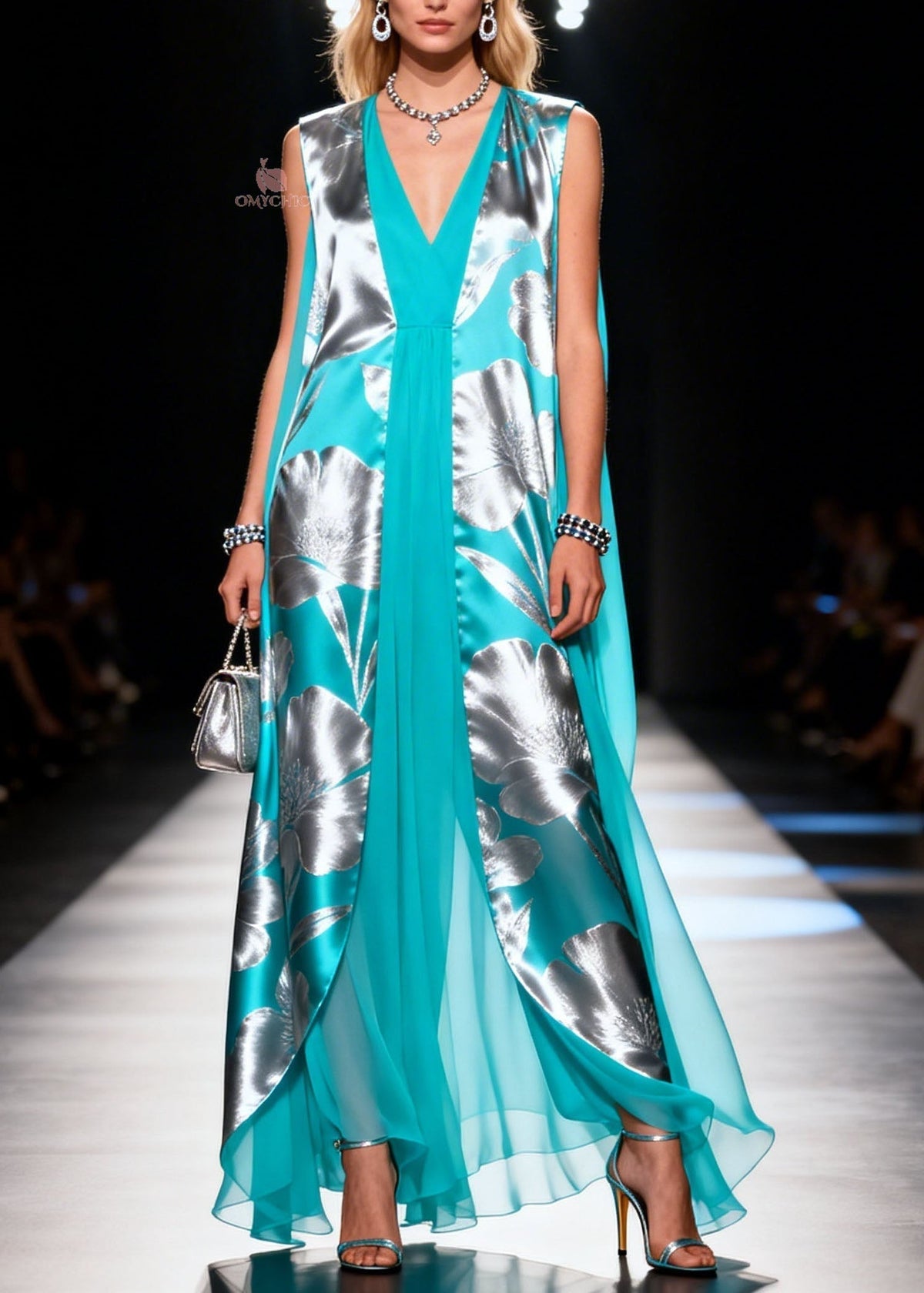 Floral Print Sleeveless Deep V-Neck Split Front Sheer Cape Maxi Gown - View 3