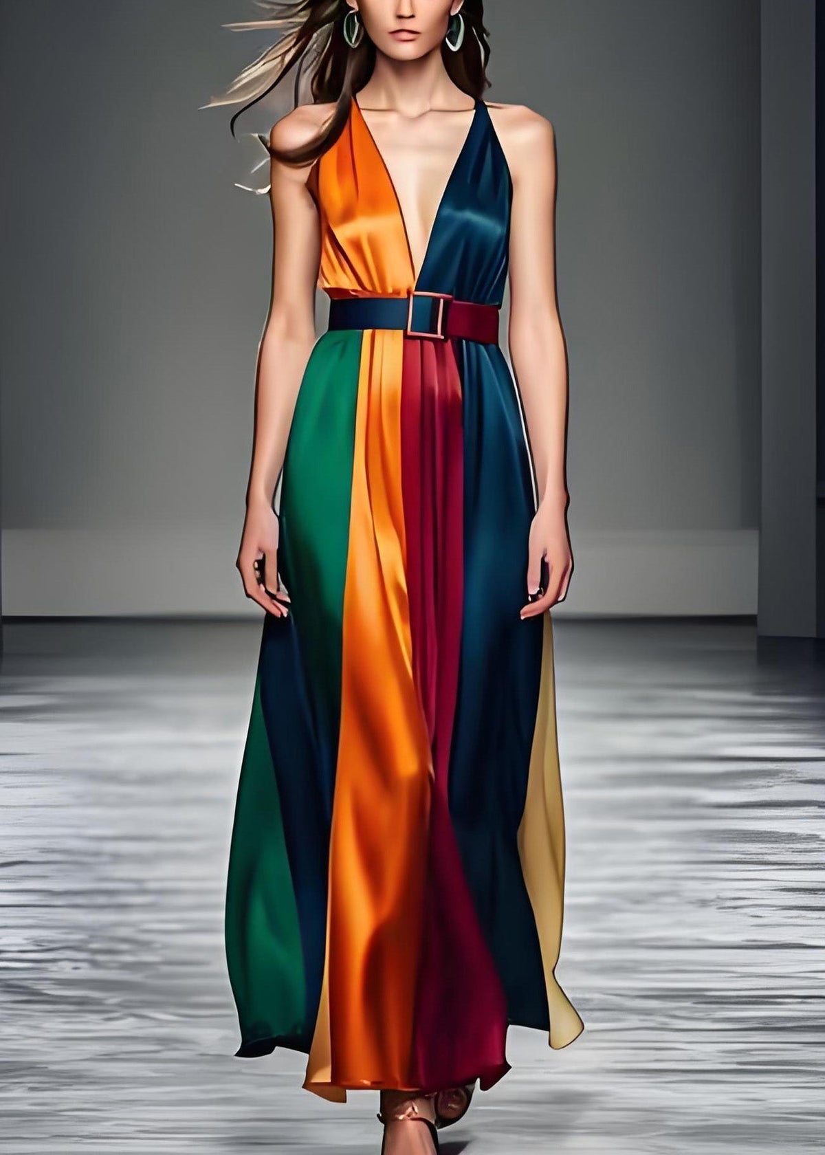 Deep V-Neck Belted Vertical Panel Satin Flowy Maxi Dress