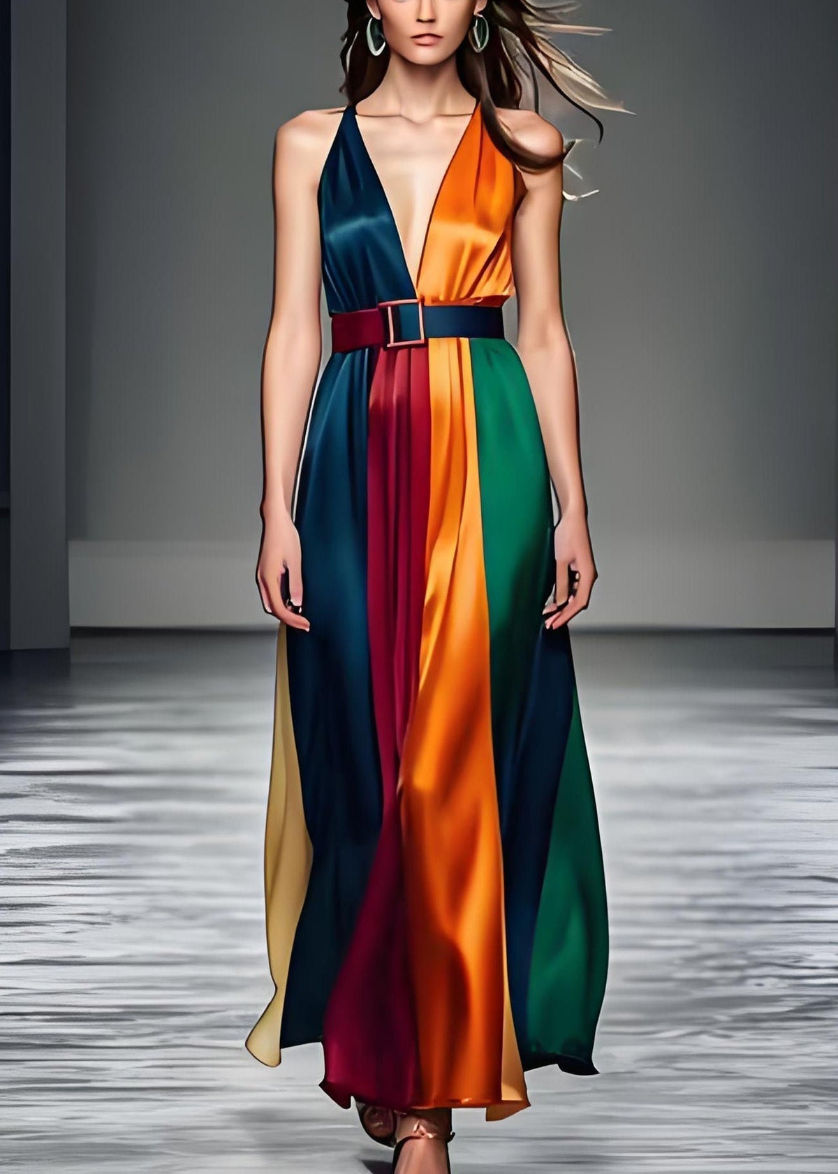Deep V-Neck Belted Vertical Panel Satin Flowy Maxi Dress - View 2