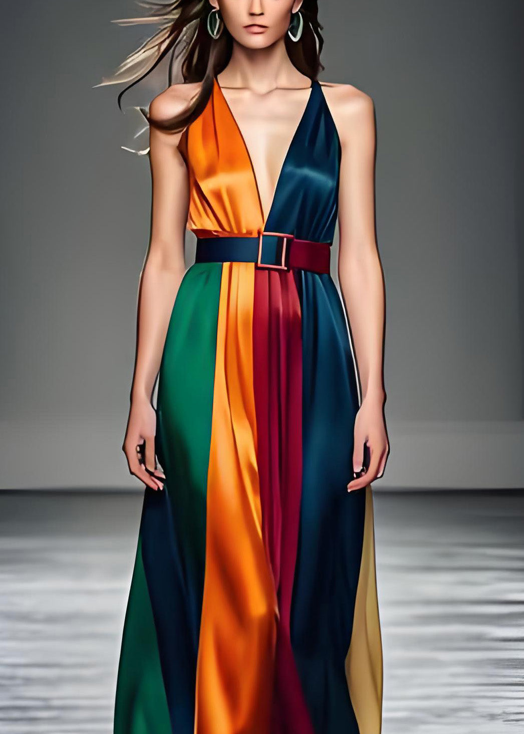 Deep V-Neck Belted Vertical Panel Satin Flowy Maxi Dress - View 3