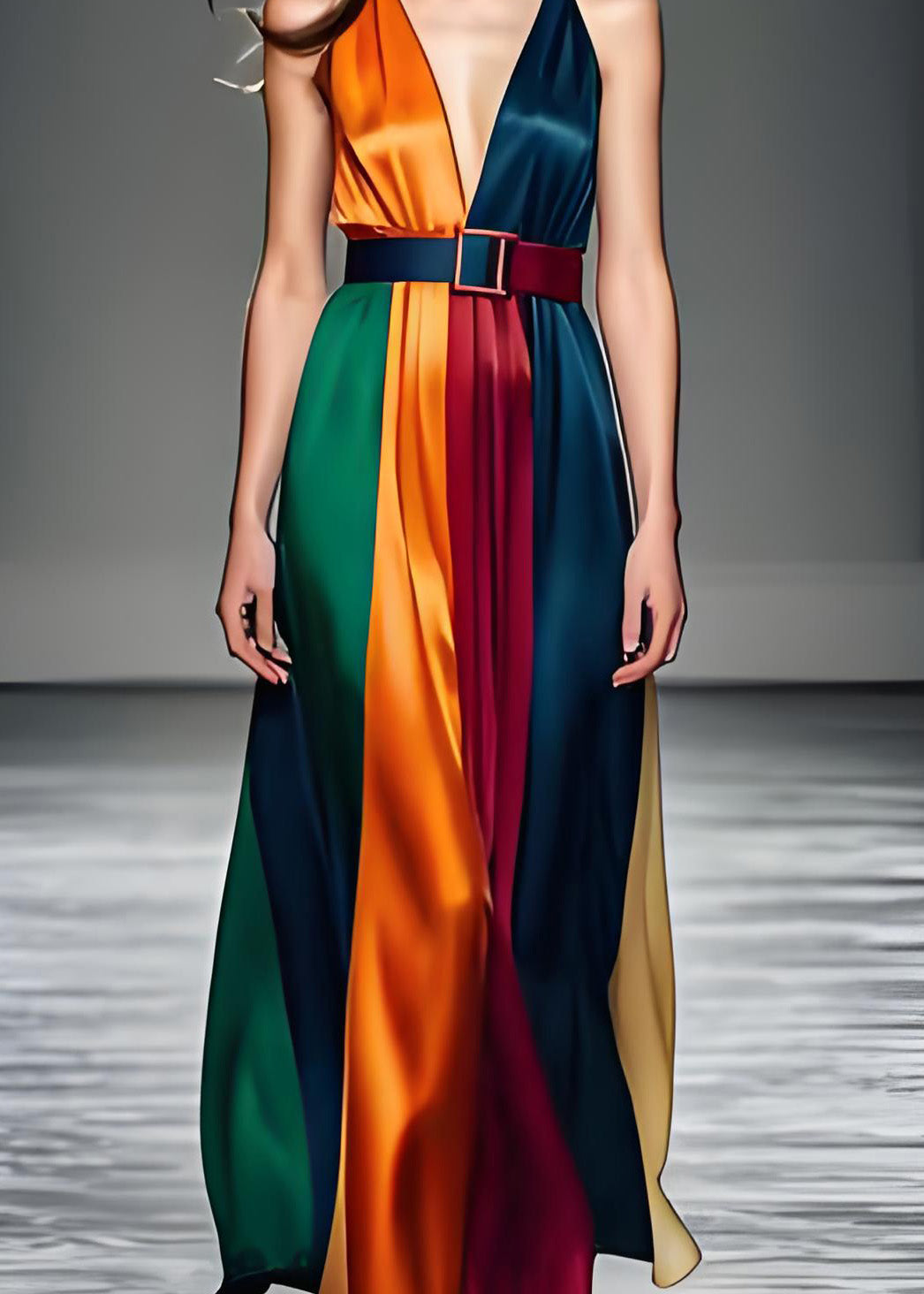 Deep V-Neck Belted Vertical Panel Satin Flowy Maxi Dress - View 4
