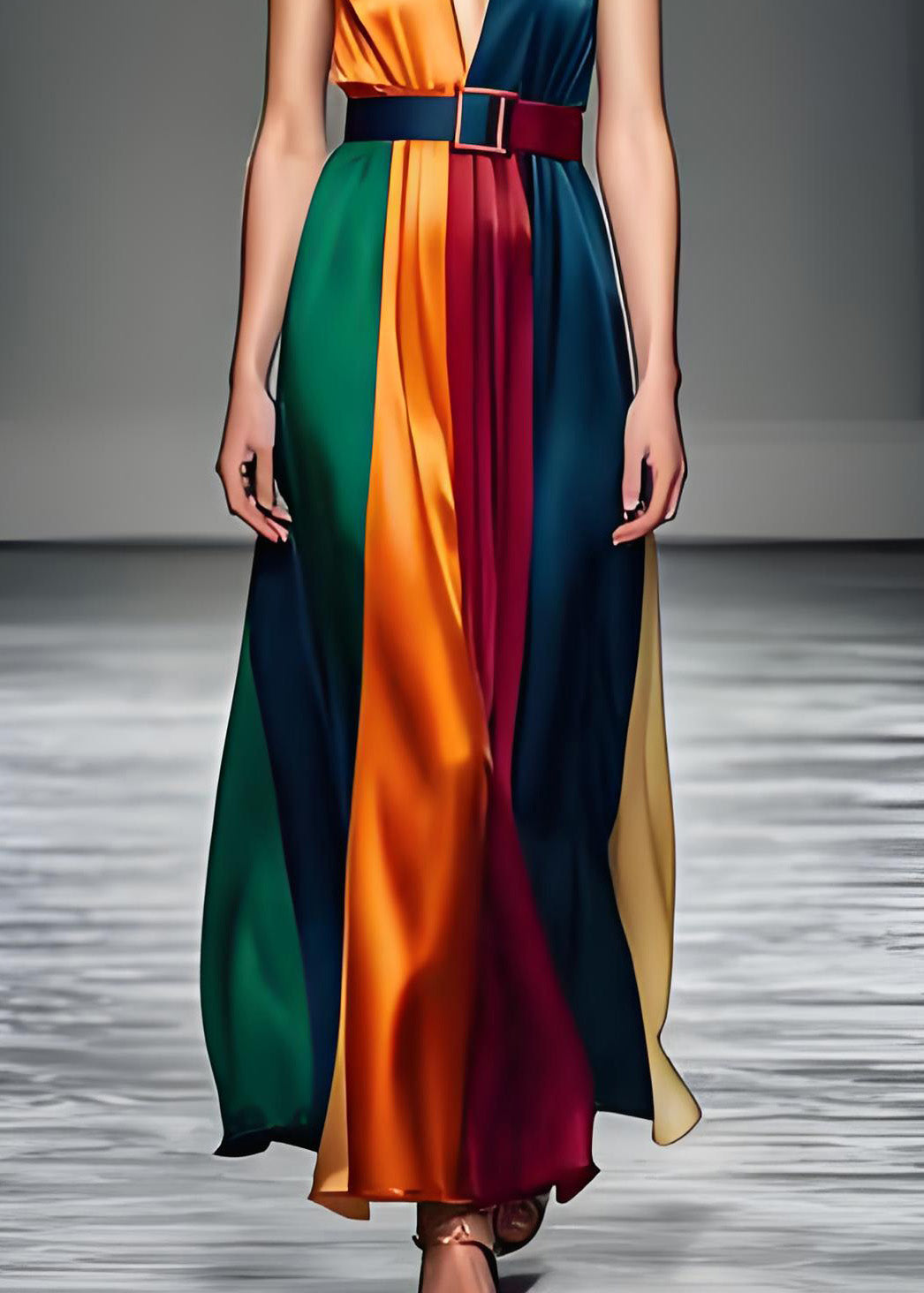 Deep V-Neck Belted Vertical Panel Satin Flowy Maxi Dress - View 5