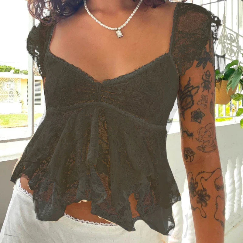 Coquette Lace Sheer Babydoll Vintage Crop Top