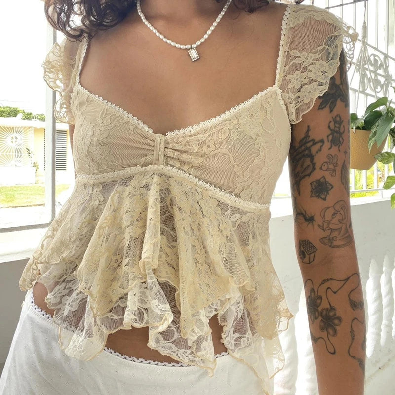 Coquette Lace Sheer Babydoll Vintage Crop Top