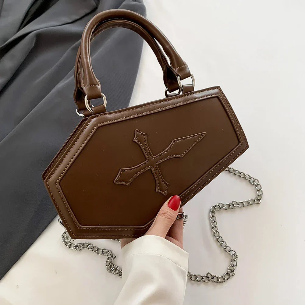 Large Capacity Coffin Shape Phone Shoulder Pu Top Handle Travel Cosmetic Crossbody Bag Brown