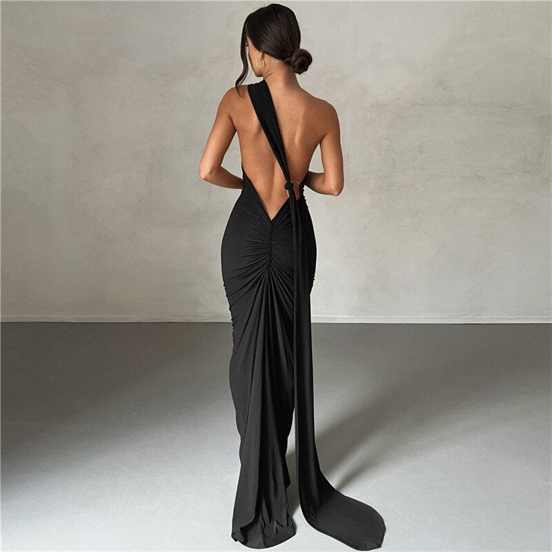 One-Shoulder Asymmetric Choker Neck Bodycon Maxi Gown 3
