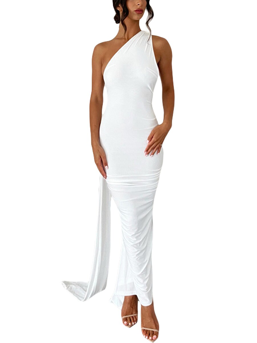 One-Shoulder Asymmetric Choker Neck Bodycon Maxi Gown 12