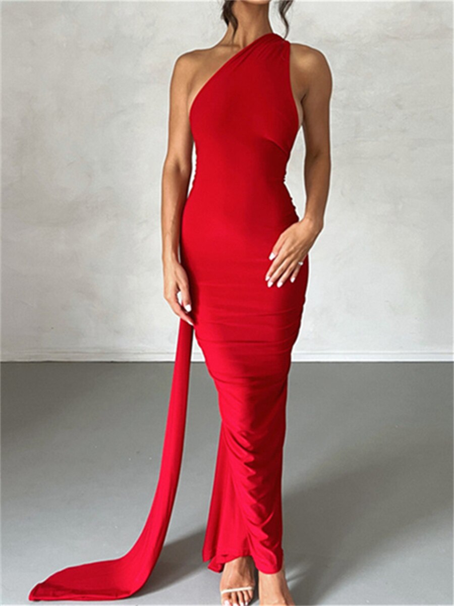 One-Shoulder Asymmetric Choker Neck Bodycon Maxi Gown 4