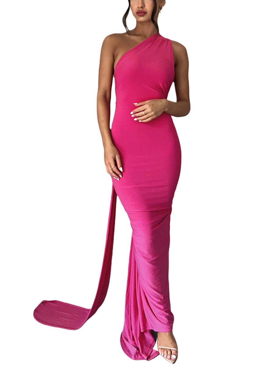 One-Shoulder Asymmetric Choker Neck Bodycon Maxi Gown 13