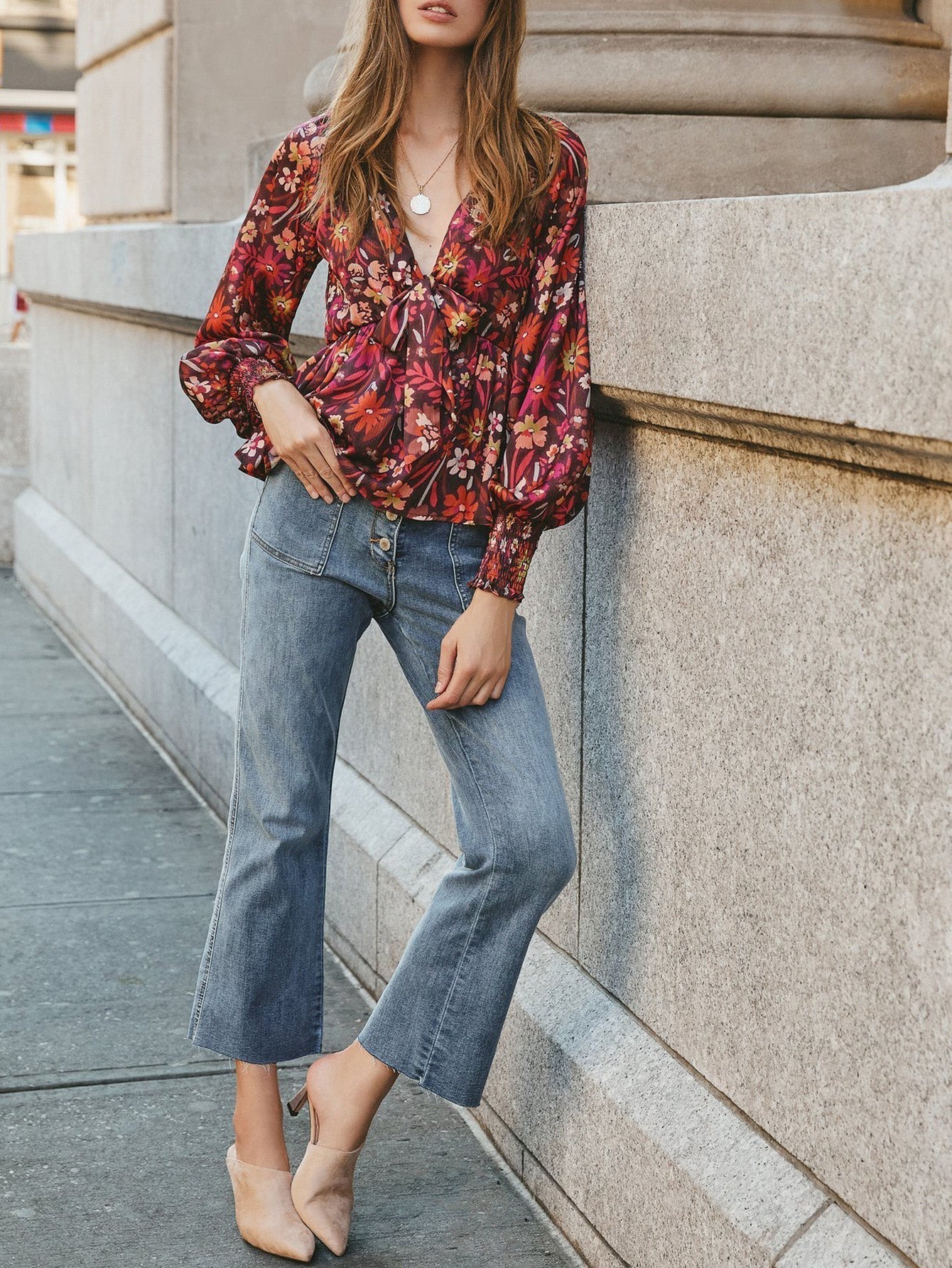 Women Deep V Neck Bow Front Long Sleeve Print Blouse - Fashionpara