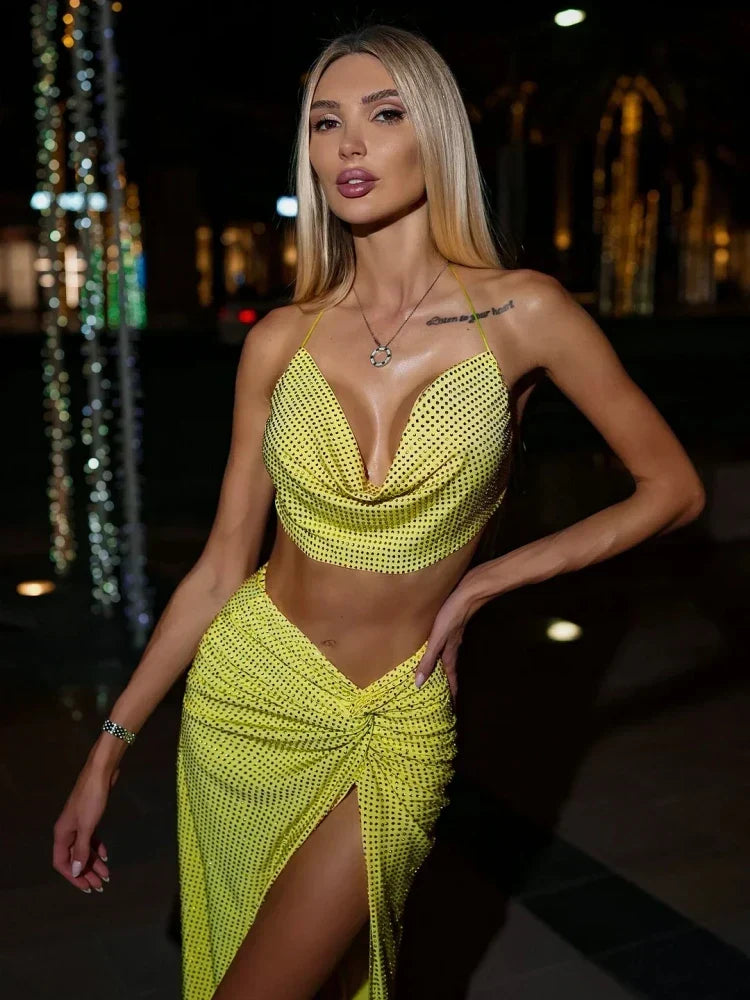 Diamonds 2 Piece Set Swinging Collar Crop Tops Long Skirts Party Dress 6