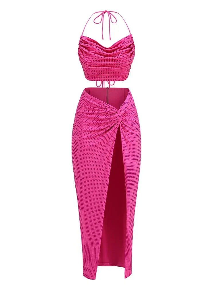 Diamonds 2 Piece Set Swinging Collar Crop Tops Long Skirts Party Dress 8