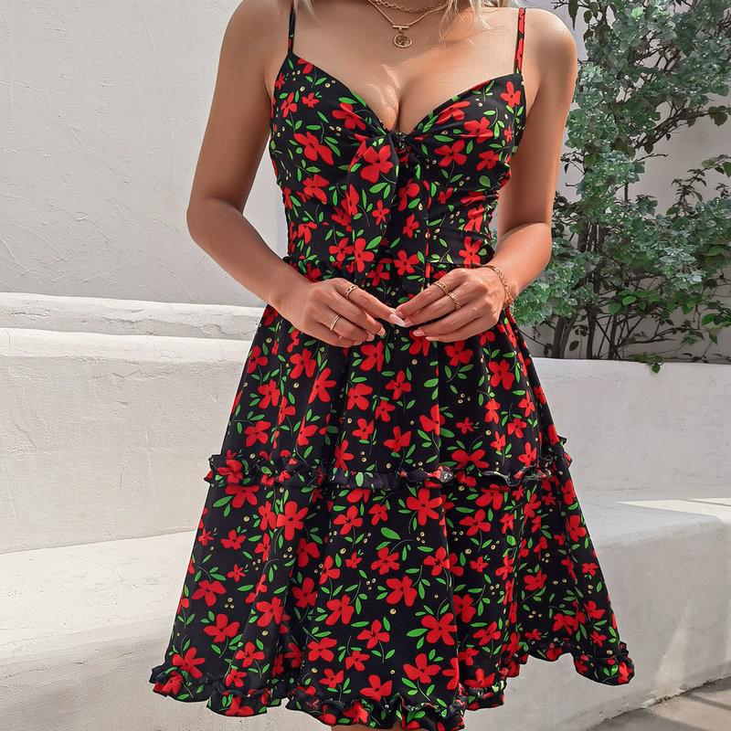 Floral Print Sweetheart Tie-Front Tiered Ruffle Mini Dress 4