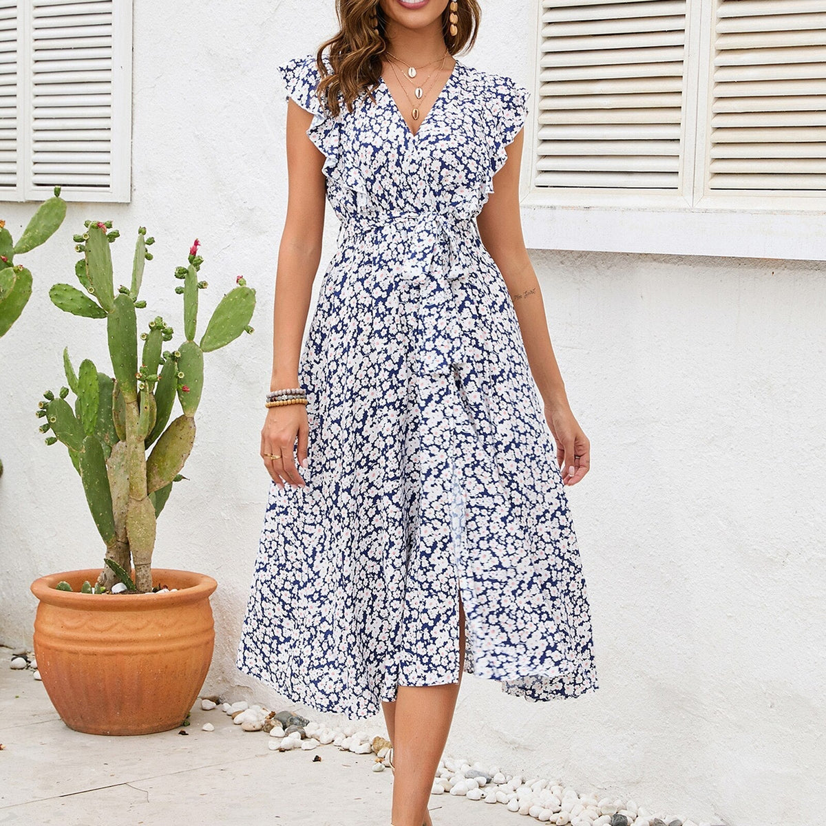 Ditsy Floral Surplice V-Neck Ruffle-Sleeve High-Slit Midi Dress 3