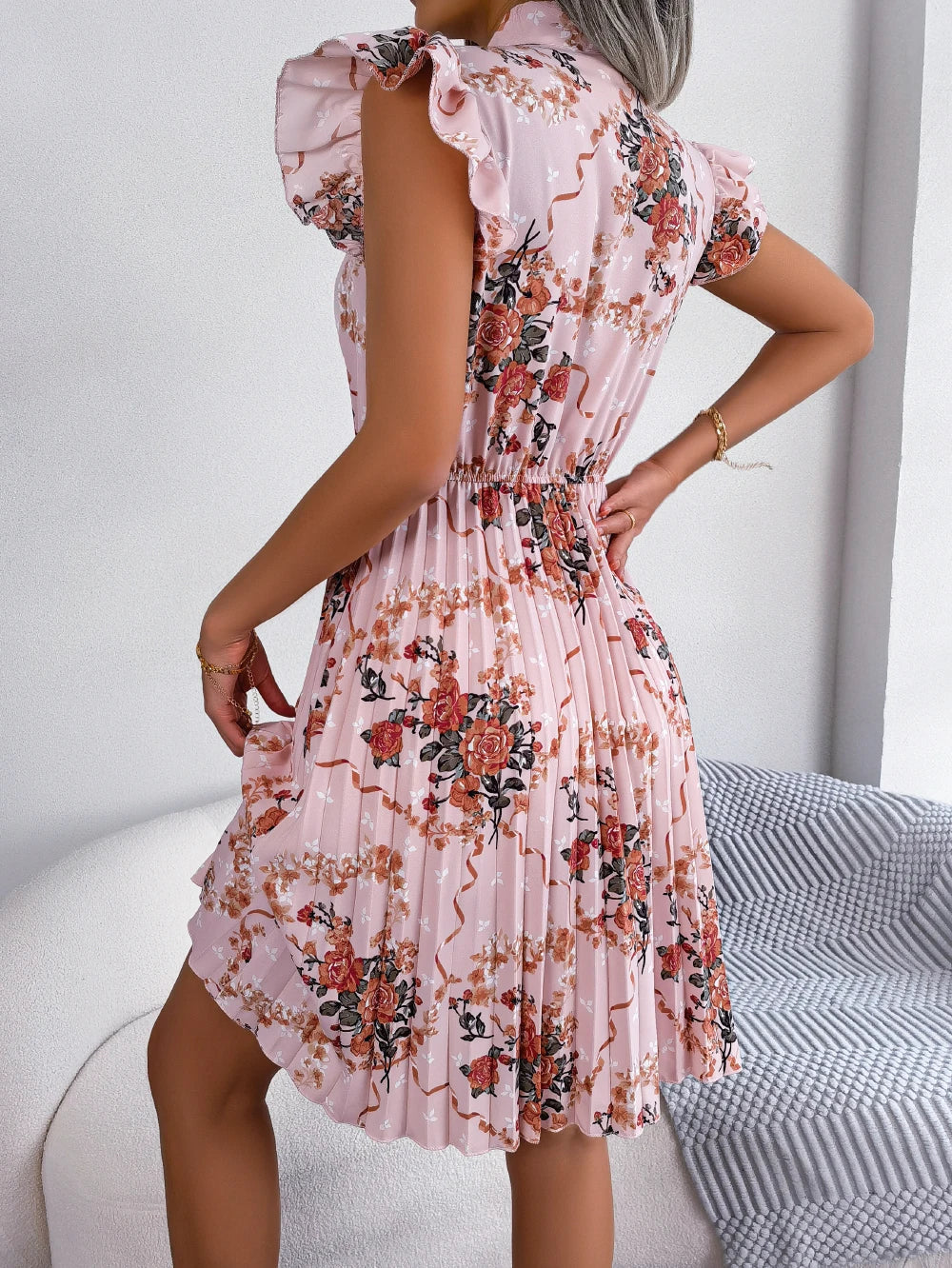 Elegant Floral Print Bow Pleated Slim Waist Floral Dress