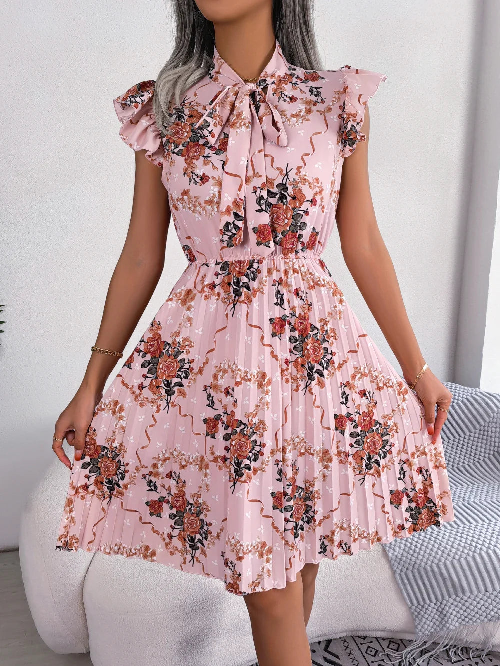 Elegant Floral Print Bow Pleated Slim Waist Floral Dress