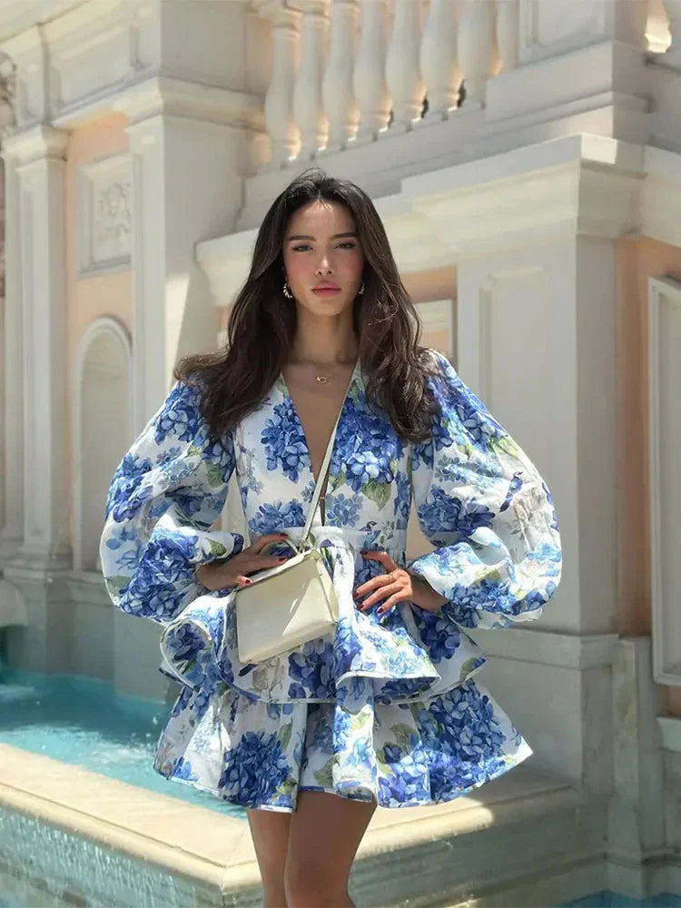 Floral V-Neck Ruffle Mini Floral Dress