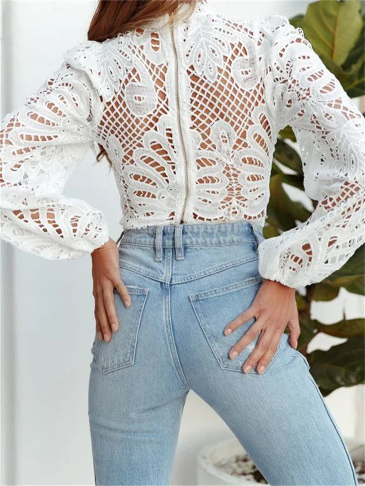 Elegant Lace Puff Sleeve Slim Fit Crop Blouse
