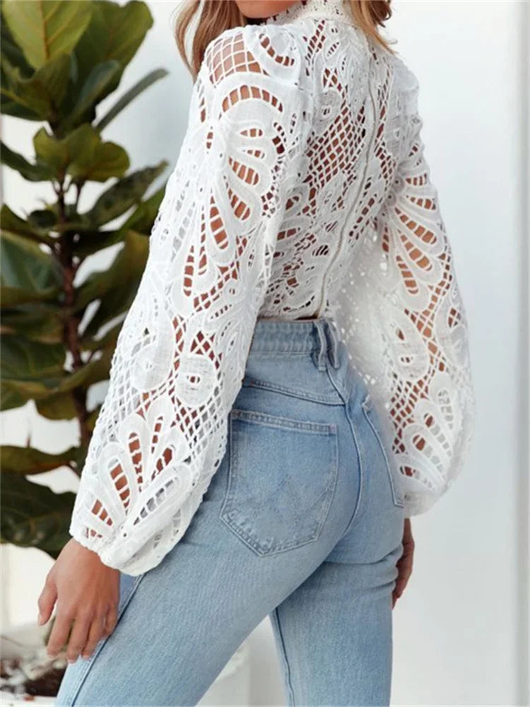 Elegant Lace Puff Sleeve Slim Fit Crop Blouse
