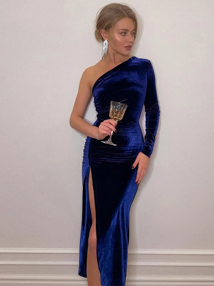 Velvet One-Shoulder Long Sleeve Ruched Split Bodycon Mini Dress 2