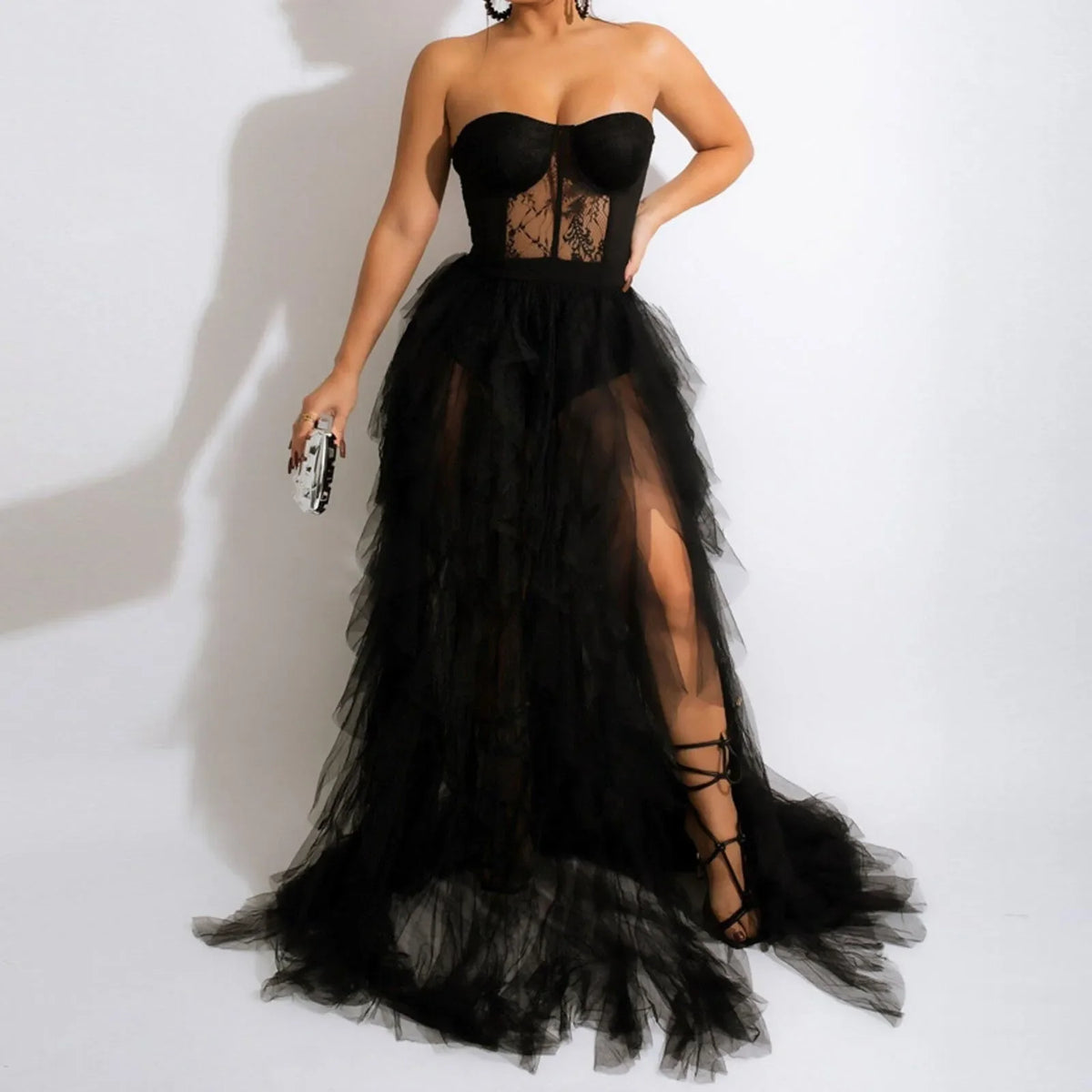 Tulle Strapless Corset Tiered High-Slit Maxi Gown