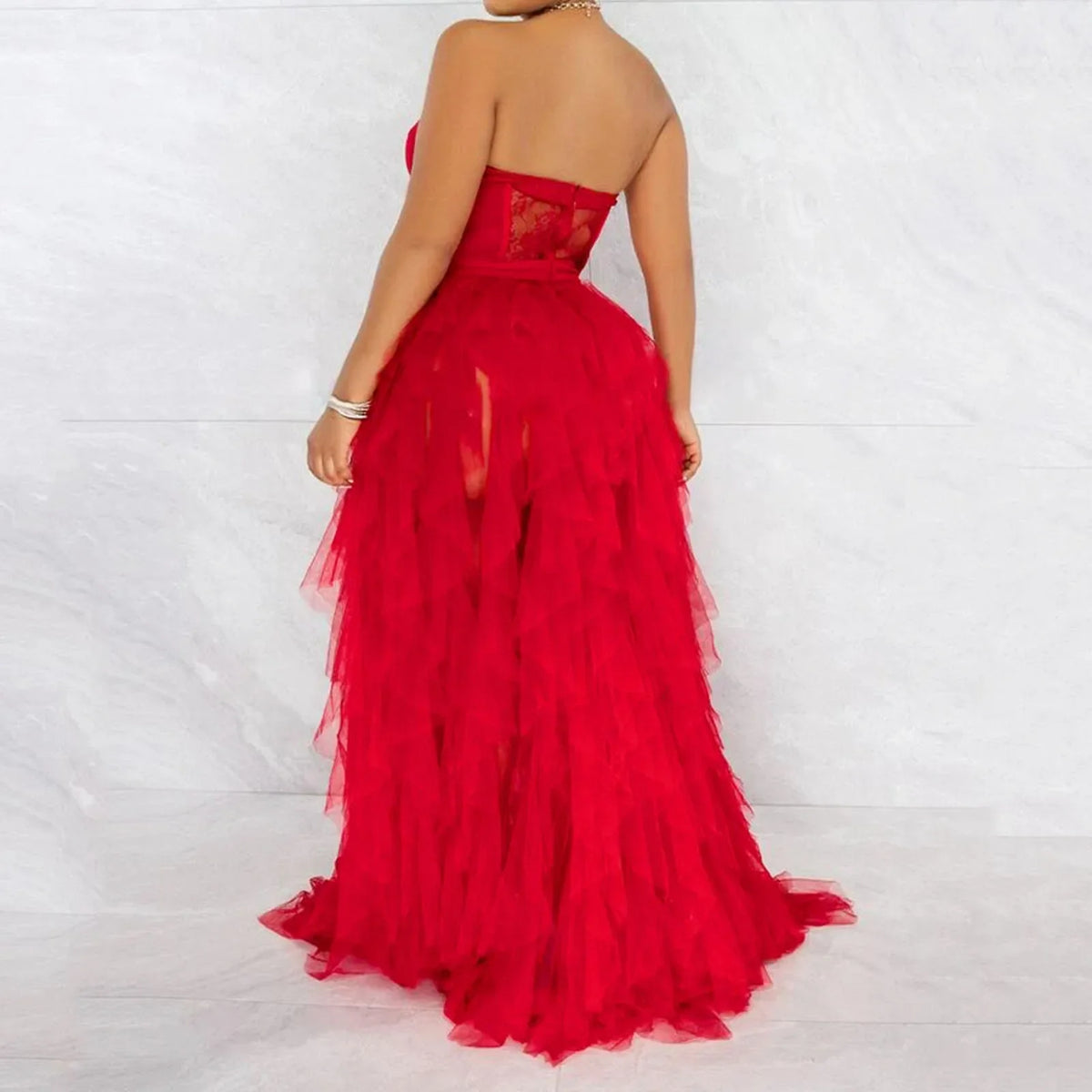 Tulle Strapless Corset Tiered High-Slit Maxi Gown 4