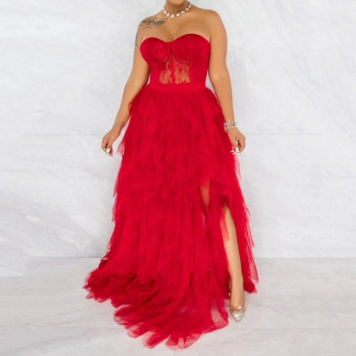Tulle Strapless Corset Tiered High-Slit Maxi Gown 3