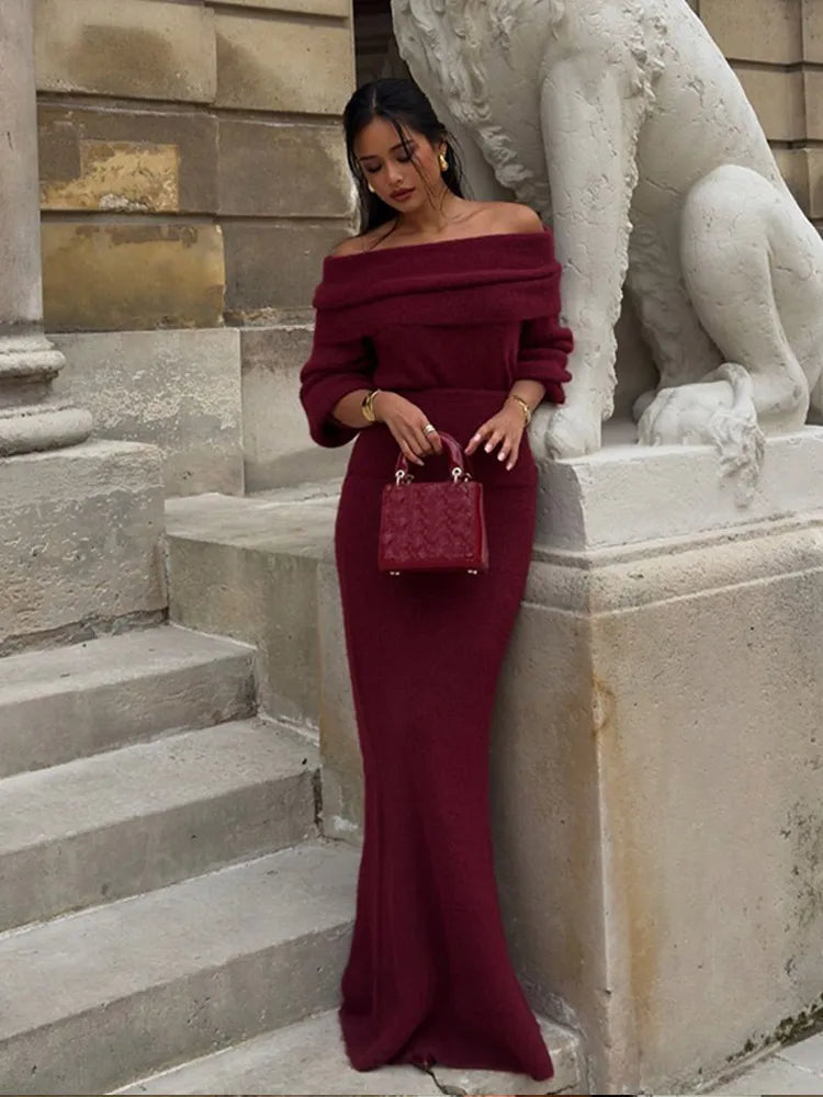 Off Shoulder Fold Knit Long Sleeve Tight Red Christmas Party Dress - Fashionpara