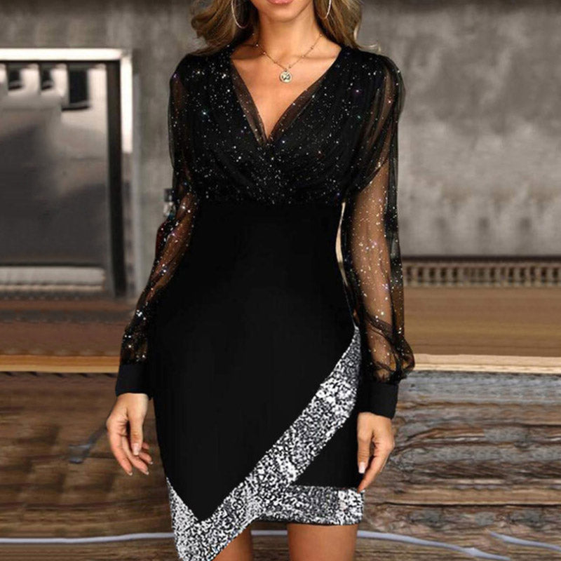 Glitter Mesh V-Neck Long-Sleeve Sequin Mini Dress