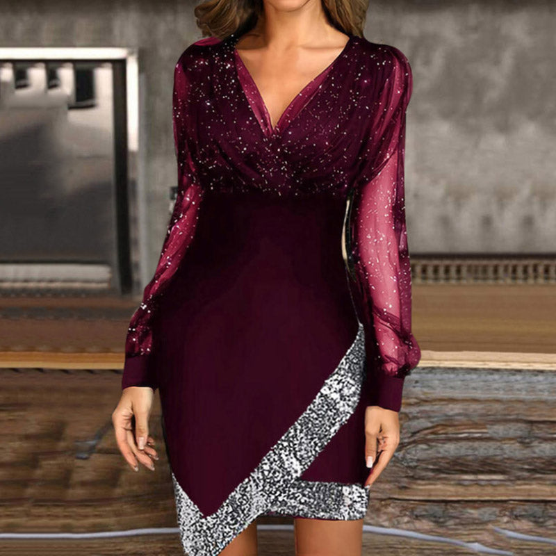 Glitter Mesh V-Neck Long-Sleeve Sequin Mini Dress 3